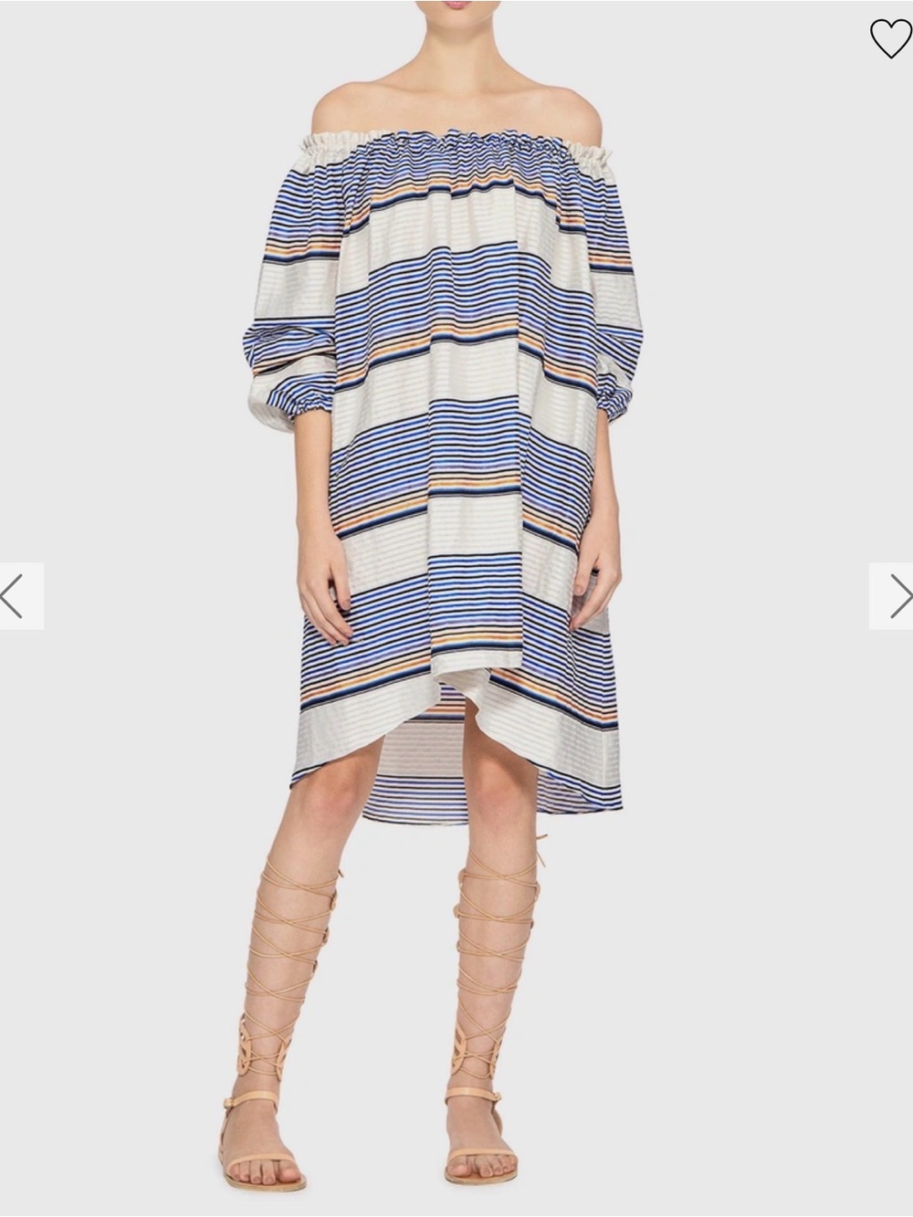 Tanya Taylor Brianna Off Shoulder Dress Sunset Stripe Ivory Cobalt Linen Blend L